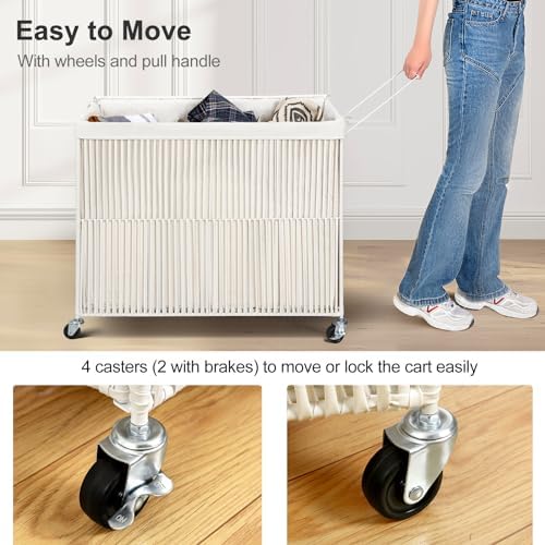 WOWLIVE Laundry Basket 3 Section, Handwoven Laundry Hamper with Wheels - Image 6
