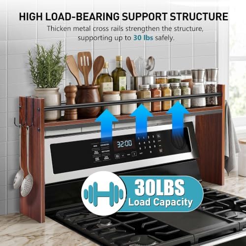 Spice Rack Shelf for Kitchen Stove, Over The Stove Shelf with 4 Hooks, Premium Wood & Metal Commbined Spice Rack Organizer Extra Storage Countertop (Walnut) - Image 6