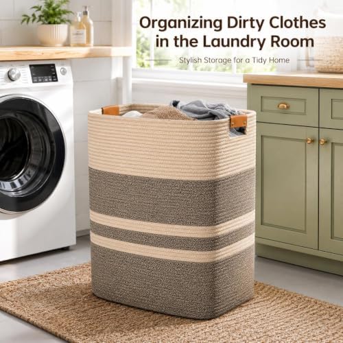 Laundry Hamper, Cotton Rope Laundry Basket with Leather Handles, 22.5-Gallon/85 L Large Clothes Hampers for Laundry, Woven Laundry Baskets for Blankets, Clothing, Bedroom, Living Room, Nursery - Image 2