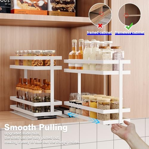 Mustorn 4 Pack Pull Out Spice Rack Organizer for Cabinet, 2 Tier Metal Slide Out Seasoning Organizer and Storage Heavy Duty Vertical Spice Rack Shelf Pullout for Kitchen Cabinets No Drilling (White) - Image 2