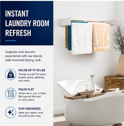 Maplefield Wall Mounted Foldable Drying Rack - Heavy Duty 50 lb Laundry Rack - Rust Resistant Indoor & Outdoor Use - Easy Wall Mount Installation - Image 3