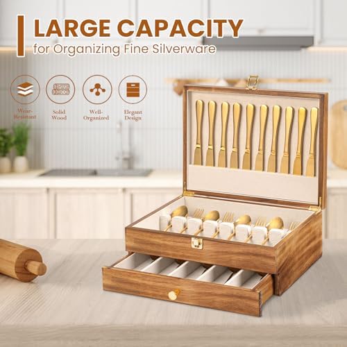 Silverware Storage Box, 2-Layer Flatware Storage Case with Drawer, Wooden Silverware Chest with Linen Liner, Rustic Silverware Case for Storing Fine Flatware and Utensils (Brown) - Image 5