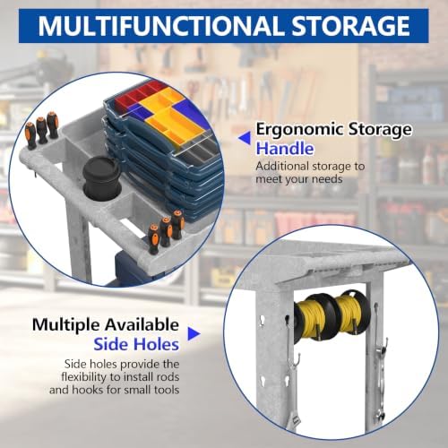 Large Garage Plastic Utility Cart, Heavy Duty 2 Shelf Tool Cart Service Cart Rolling Push Carts with Ergonomic Handle 5" Swivel Casters. - Image 3