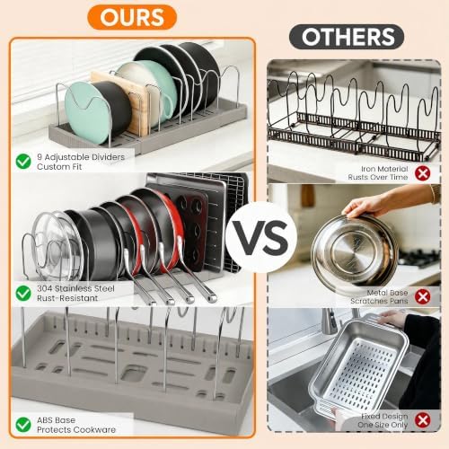 2 Pack Expandable Pots and Pans Organizer under Cabinet, Adjustable Pot Lid Organizer Rack with 9 Stainless Steel Dividers, Food Container Lid Holder for Kitchen Countertop Storage (Gray) - Image 4