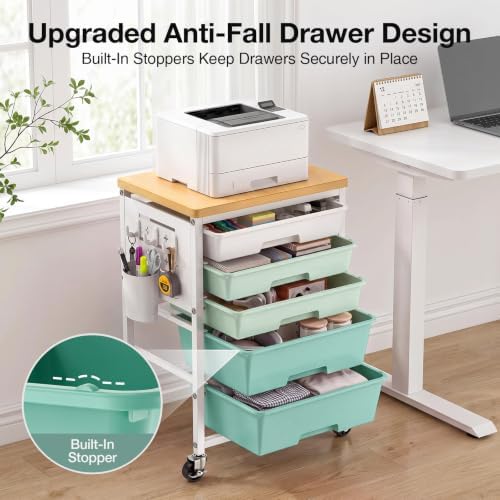 ALVOROG Rolling Storage Cart with 5 Drawers,Pegboards,Wooden Top,Bins,Green - Image 3