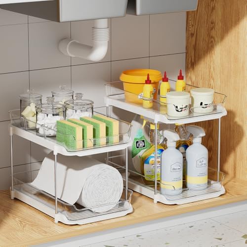 Delamu 4 Pack 2-Tier Bathroom Under Sink Organizers and Storage, Multi-Purpose Stackable Pantry Organization and Storage, Pull Out Clear Kitchen Bathroom Cabinet Organizer with Movable Dividers, White - Image 5