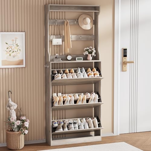 Grey Hidden Shoe Cabinet with 3 Flip Drawers & Coat Rack, Entryway by Boonatu