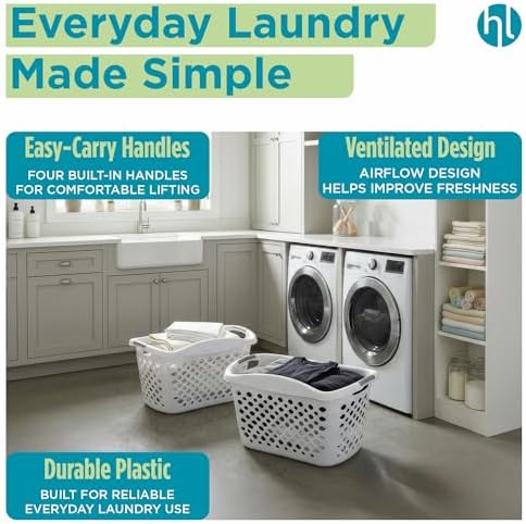 Home Logic 1.75 Bushel Plastic Laundry Basket with Hip Grip, Large Laundry Hamper with Handles, Ventilated Clothes Organizer for Bedroom Bathroom Closet, 2 Pack, White - Image 3