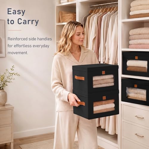 DIMJ Storage Bins with Lids - 4 Pack Front Opening Stackable Fabric Storage Boxes with Clear Window & Handles, Collapsible Closet Organizers for Clothes, Sweaters, Shelf Storage, Bedroom, Black - Image 5