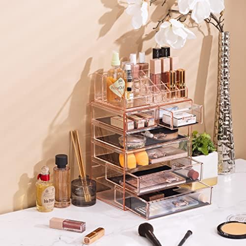 Sorbus Makeup Organizer, 6-Drawer Acrylic 2-Piece Set (Pink) - Image 5