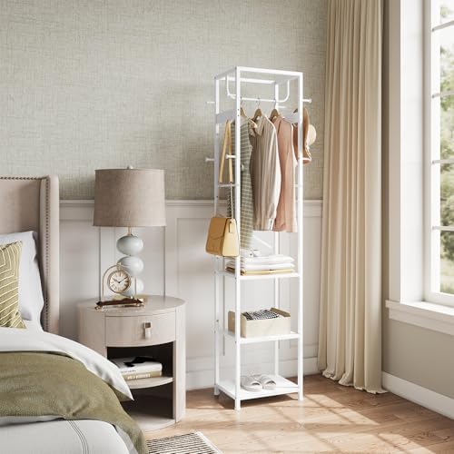 ELYKEN Coat Rack Freestanding, Hall Tree with 3 Shelves and 12 Hooks, White - Image 4
