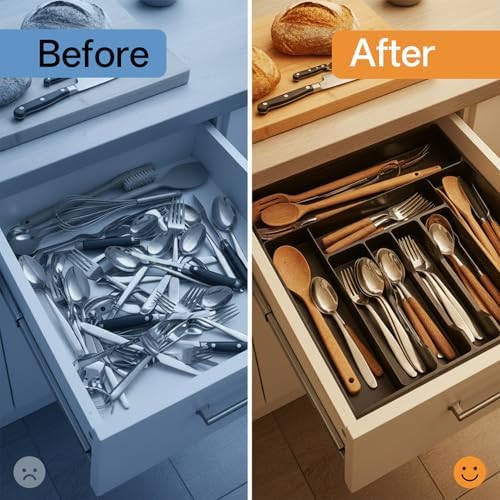 Silverware Organizer, Large Expandable Utensil Drawer Organizer, Cutlery Storage Divider for Forks, Spoons, Knives in Kitchen (Black) - Image 5