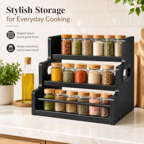 3 Tier Spice Rack Organizer for Cabinet, Wood Spice Shelf Storage, Kitchen Seasoning Organizer for Kitchen Countertop or Pantry, Spice Bottles, Bottles, Black - Image 4