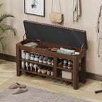 Shoe Bench for Entryway, Solid Rubberwood Shoe Bench with Hidden Storage, Adjustable 2-Tier Shelves & Soft PU Leather Seat, Shoe Rack Durable Easy Assembly for Hallway or Bedroom - Brown, 39.4" - Image 2