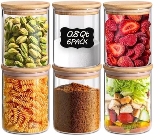ComSaf Glass Storage Containers with Lids 0.8 Qt, 6 Pack Small Glass Jars by ComSaf