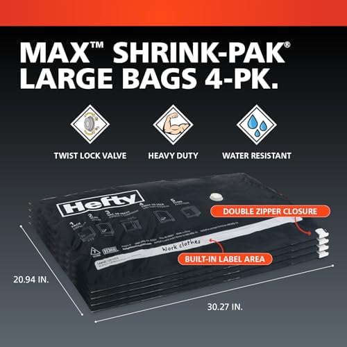 Hefty MAX Shrink-Pak Vacuum Seal Storage Bags for Clothing, Travel, Bedding | Tear & Water Resistant, Dual-Valve Space Saver Compression Bags - Large, 4-Pack - Image 4