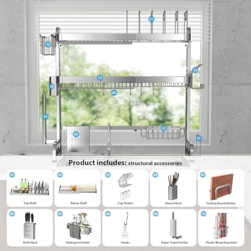 Over The Sink Dish Drainer Drying Rack 3 Tier Adjustable Width - Image 6