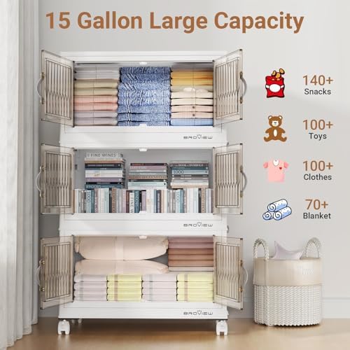 BROVIEW 180Qt Stackable Storage Bins with Lid, Extra Large Closet Organizer Collapsible Drawer Boxes with Wheels, Folding Plastic Cabinet Containers for Home Kitchen Room Organization, 3Pack White - Image 4