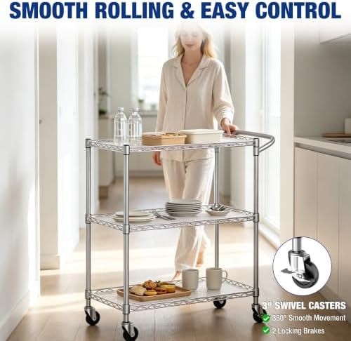WORKPRO 40" 3-Tier Utility Cart, 330 LBS Capacity, Adjustable Shelves - Image 3