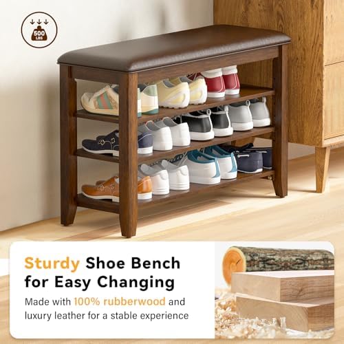 Taitiy Shoe Bench with 3 Tier Adjustable Shelves Rubberwood Entryway 31.5'' - Image 4