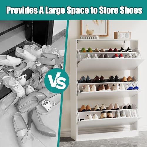 Xixini Shoe Storage Cabinet for Entryway with 3 Flip Drawers, Sturdy Wood Hidden Shoe Storage, Freestanding Narrow Slim Shoe Organizer for Front Door Entrance, Living Room, Hallway, Bedroom, White - Image 5