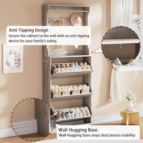 Grey Hidden Shoe Cabinet with 3 Flip Drawers & Coat Rack, Entryway - Image 6