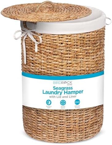 BIRDROCK HOME Round Laundry Hamper with Lid and Liner, Natural, 14.5”x26.5” by BIRDROCKHOME
