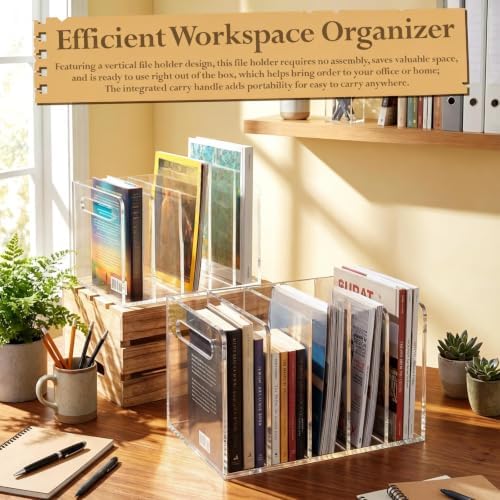 Didaey 2 Pcs Acrylic Magazine File Holder, 5 Vertical Compartments Desk Sorter Organizer Magazines Documents Books Accessories Clear Folder Rack Binder for Office Home (B5,5 Sections,Clear) - Image 4