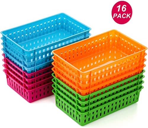 DEAYOU 16 Pack Classroom Storage Baskets Bins, Small Plastic Organizer Basket, Colorful Storage Trays, Crayon Pencil Containers for Paper, Desk, Shelf, Home School Office, 10.2" L x 6.5" W x 2.4" H - Image 3