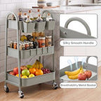 danpinera 3-Tier Rolling Cart, Metal Rolling Storage Cart with Lockable Wheels & Hanging Cups & Hooks, Mobile Trolley Cart for Kitchen, Bathroom, Office, Workshop, Gray - Image 4