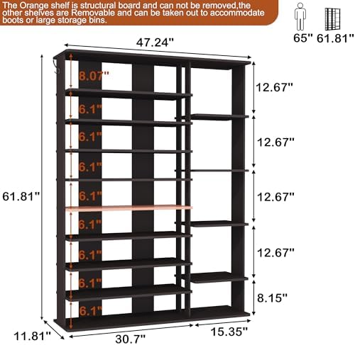 HOMEFORT 10 Tiers Shoe Rack, 50 Pairs Large Shoe Shelf, 61.8" Tall Shoe Tower, Freestanding Shoe Rack Organizer with Open Shelves, Wood Shoe Stand for Boot Storage, for Closet, Entryway, Espresso - Image 3