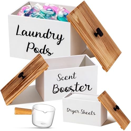 Dandat 3 Pcs Wood Laundry Pods Container Farmhouse Decoration Laundry Room Organization and Storage, Rustic Dryer Sheet Holder Scent Booster Container Set with Scoop(White) by Dandat