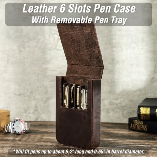 Top Grain Genuine Leather 6 Pen/Pencil Tray Case Organizer, Minimalist Vintage Design, Handmade, Magnetic Closure with Drawer Design, Gift Choice for Man/Woman/Office, Matte Coffee, 6 Slots - Image 3