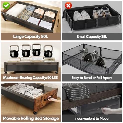 KITHELP Wooden Under Bed Storage with Wheels, 80L Extra-large Rolling Under the Bed Storage Bins 2 Pack with Removable Lid, Upgrade Metal Under Bed Drawers for Clothes Shoes Blankets in Bedroom - Image 3