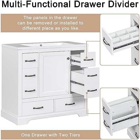 Flieks 36" Bathroom Vanity Without Sink, Cabinet Base Only, Six Drawers, Multi-Functional Drawer Divider, Adjustable Shelf, White - Image 7