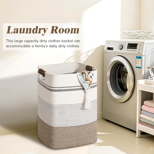 Laundry Hamper, 85L Tall Laundry Basket with Leather Handles, Rectangle Large Clothes Hamper for Organizing, Cotton Woven Laundry Baskets Storage Hampers for Bedroom, Nursery, Living Room - Image 4