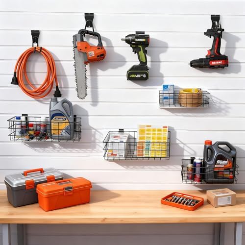 12 Pack Slatwall Organizer Kit with 4 PCs Slatwall Baskets (10.5 to 13.5 Inches) and 8 PCs Slat Wall Hooks Black Steel Slatwall Accessory for Garage, Retail Display and Home Storage (Black) - Image 4