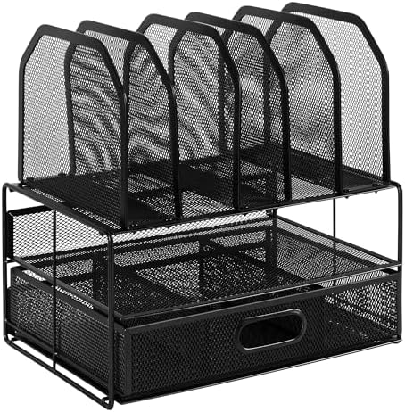 Amazon Basics Mesh Desk Organizer with Sliding Drawer, Double Tray and 5 Upright Sections, File Holder for Office Supplies, Paper Letter Tray, Black - Image 3