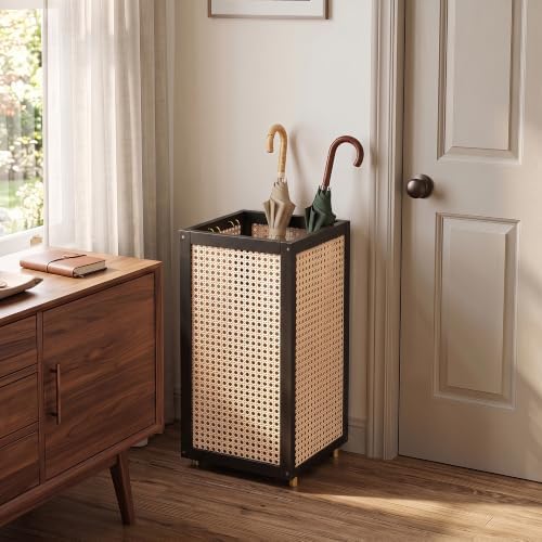 TrailBlaze Rattan-Style Wooden Umbrella Stand for Entryway, Slim Square Umbrella Holder - Removable Drain Tray - Metal Hooks & Raised Feet, Black, 51 x 24 x 24 cm - Image 5