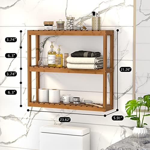 Domax Bamboo Bathroom Shelf 3-Tier Wall Mount Storage Rack Multifunctional Adjustable Layer Free Standing Over Toilet Utility Shelves Living Room Kitchen (Walnut) - Image 3