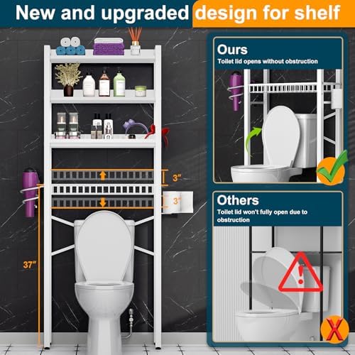 Over The Toilet Storage Cabinet,4 Tier Bathroom Organizer and Storage With Adjustable Shelf Waterproof Feet Pad and Basket Multifunctional Space Saver Freestanding Bathroom Shelves With Dividers White - Image 3