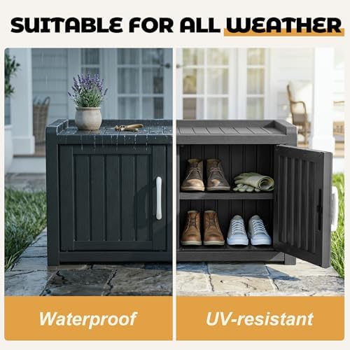 ROJIK Shoe Cabinet Waterproof UV-Resistant,Storage Bench Indoor Outdoor with Adjustable Shelves,for Entryway Bedroom,Hallway,Living Room(Double Door, Deep Black) - Image 5