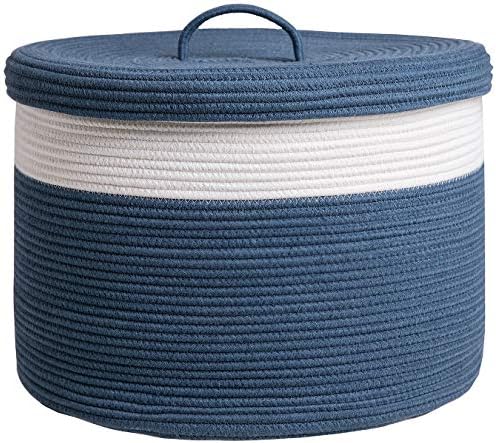 20x15 Inch Extra Large Round Cotton Rope Storage Basket with Lid, Decorative Woven Bin with Cover for Living Room Bedroom Closet, Dark Blue by Cottonphant