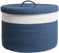 20x15 Inch Extra Large Round Cotton Rope Storage Basket with Lid, Decorative Woven Bin with Cover for Living Room Bedroom Closet, Dark Blue by Cottonphant