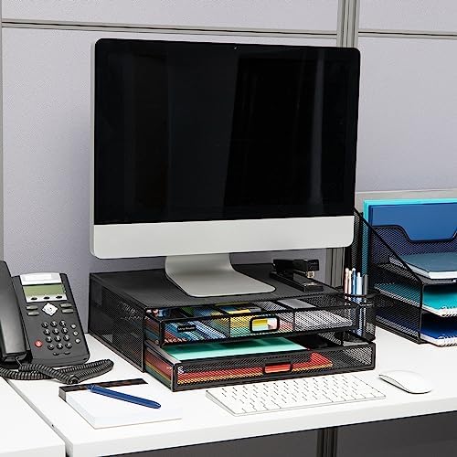 Mind Reader Monitor Stand, Ventilated Laptop Riser, Storage Drawer, Office, Metal Mesh, Black - Image 2
