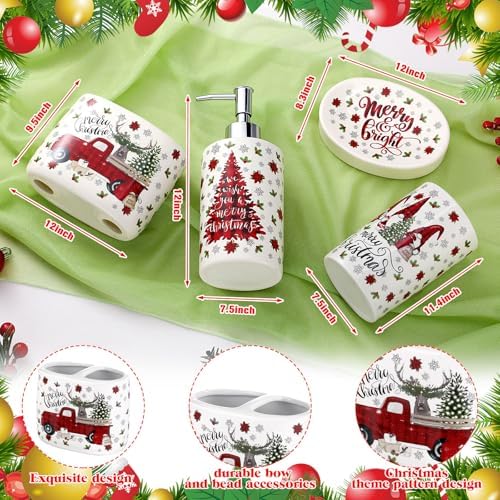 4 Pcs Christmas Ceramic Bathroom Accessories Gifts Xmas Bath Tumbler Xmas Tree Soap Dispenser Toothbrush Holder Soap Tray Merry Christmas Bathroom Decorations(Red and Black Plaid) - Image 3