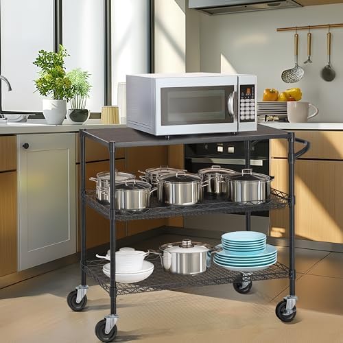 Finnhomy 3 Tier Heavy Duty Commercial Grade Utility Cart with Wood Top, Wire Rolling Cart with Wheels and Handle Bar, Kitchen Carts on Wheels, 18x36x35.4 H Metal Cart with 600 LBS Capacity, Black - Image 3