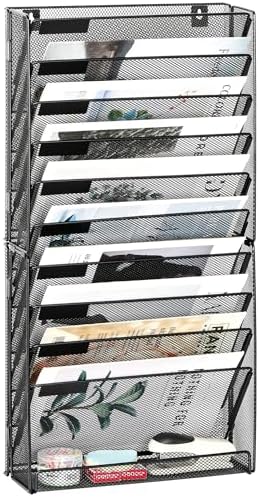 EasyPAG Wall File Holder 10 Tier Mesh Hanging Folder Organizer with Flat Tray Wall Mounted Mail Organizer Magazine Paper Desk Shelf with Nametag Label for Office Home School, Black by EasyPAG