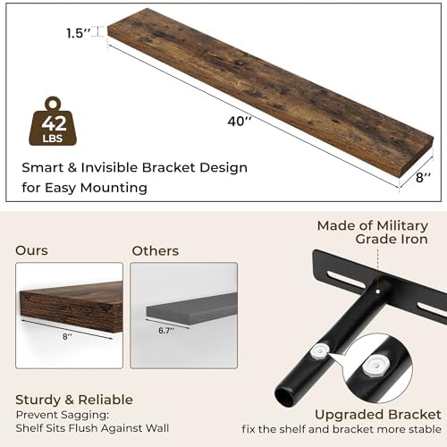 RICHFOCUS Long Floating Shelves for Wall 2Pack|Rustic Brown|40" Lx8 D - Image 3
