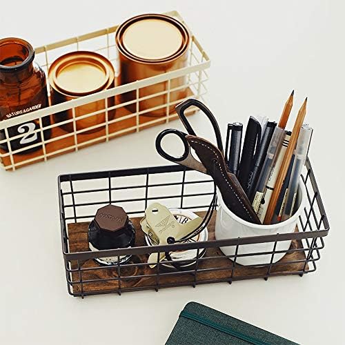 TIEYIPIN Small Metal Wire Storage Basket, Detachable Wood Base Storage Organizer Bin Basket for Kitchen Cabinets, Bathroom, Pantry, Garage, Laundry Room (Cream White, 4 Pack) - Image 4